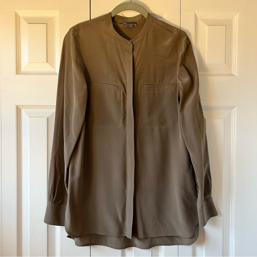 Vince 100% Silk Latte Brown Banded Collar Long Sleeve Blouse size 4